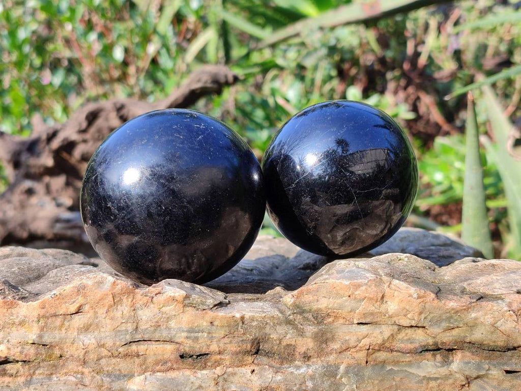 Polished Black Tourmaline Spheres x 2 From Madagascar - Toprock Gemstones and Minerals 
