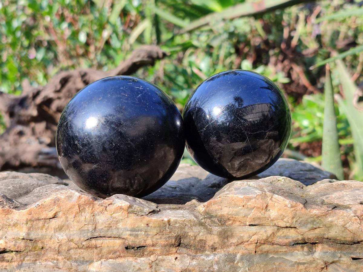 Polished Black Tourmaline Spheres x 2 From Madagascar - Toprock Gemstones and Minerals 