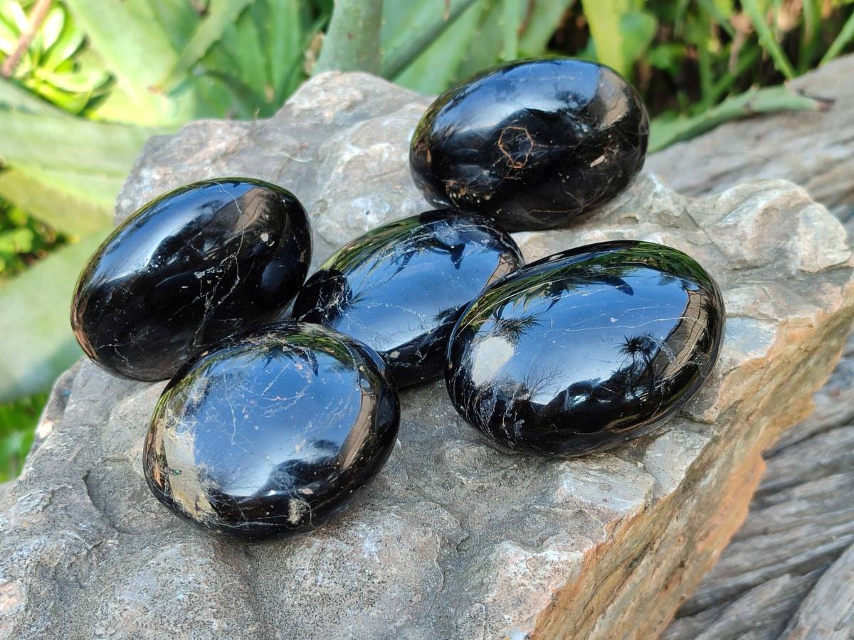 Polished Black Tourmaline Palm Stones x 6 From Madagascar - Toprock Gemstones and Minerals 