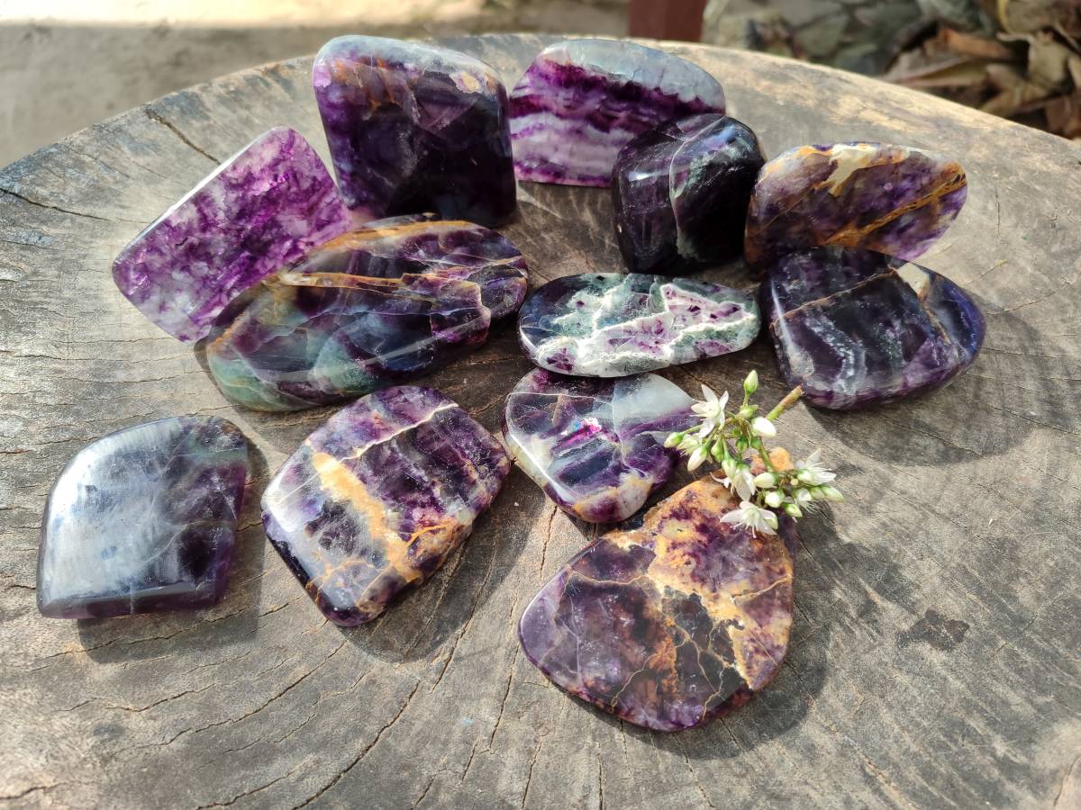 Polished Watermelon Fluorite Free Forms x 12 From Uis, Namibia - Toprock Gemstones and Minerals 