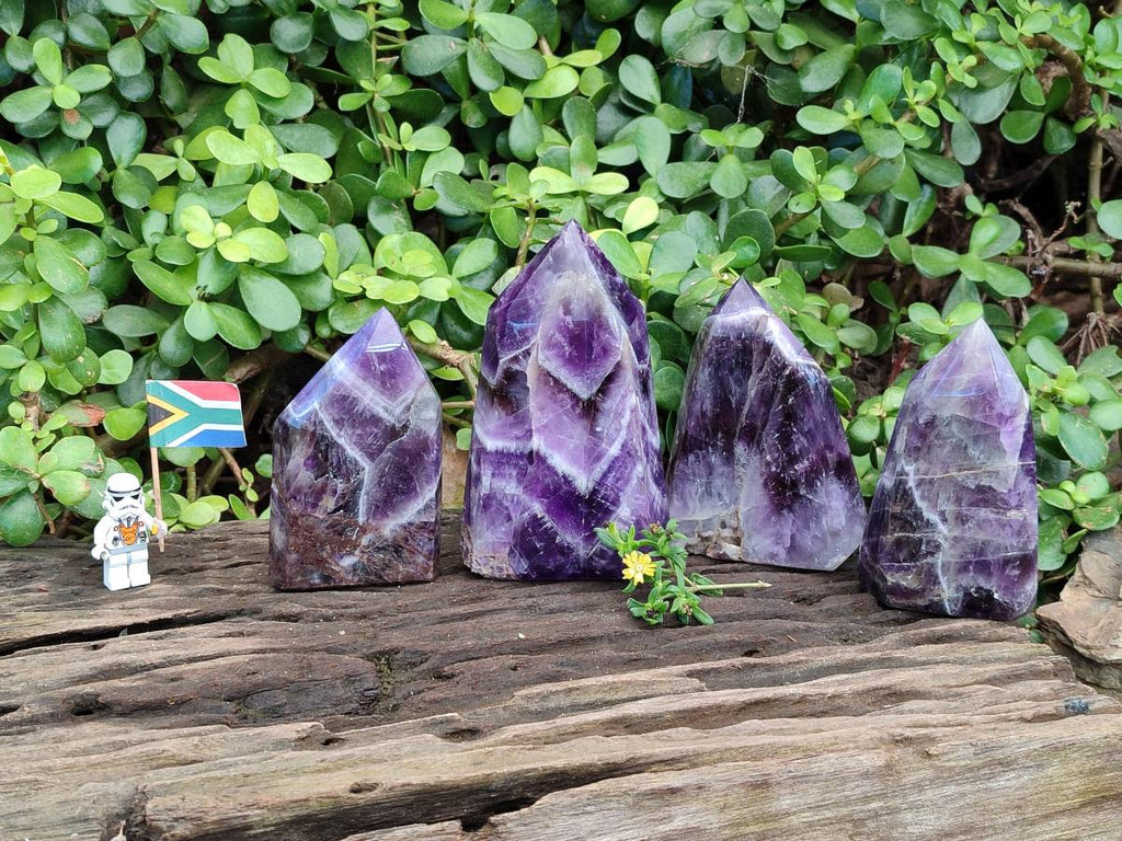 Polished Chevron Amethyst Points x 4 From Zambia - Toprock Gemstones and Minerals 