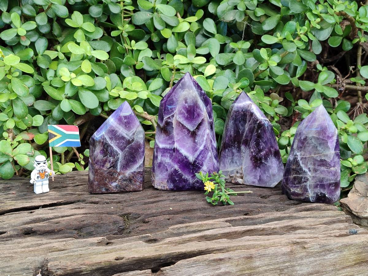 Polished Chevron Amethyst Points x 4 From Zambia - Toprock Gemstones and Minerals 