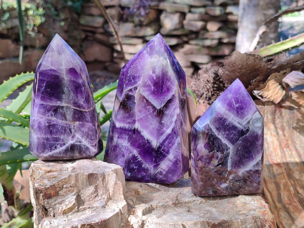 Polished Chevron Amethyst Points x 4 From Zambia - Toprock Gemstones and Minerals 