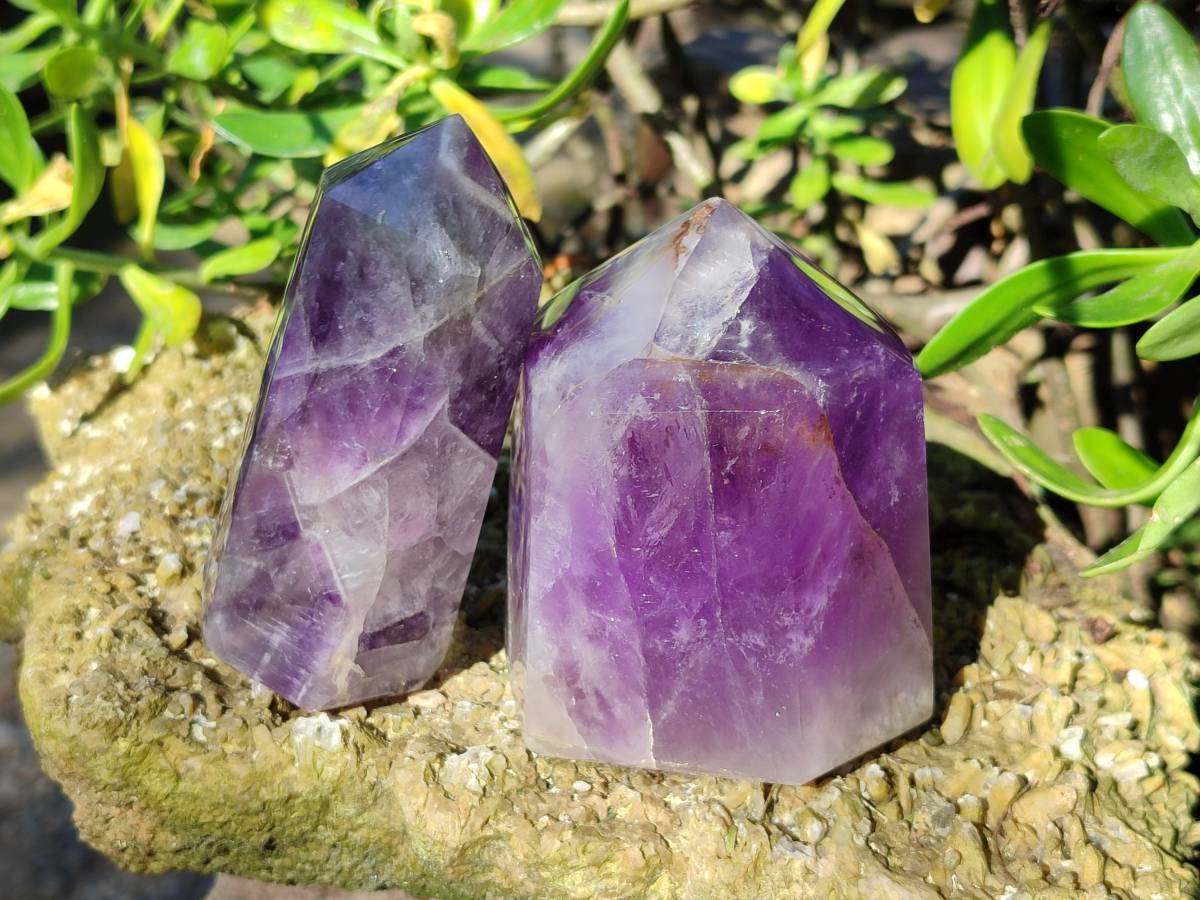 Polished Chevron Amethyst Points x 2 from Ankazobe, Madagascar - Toprock Gemstones and Minerals 