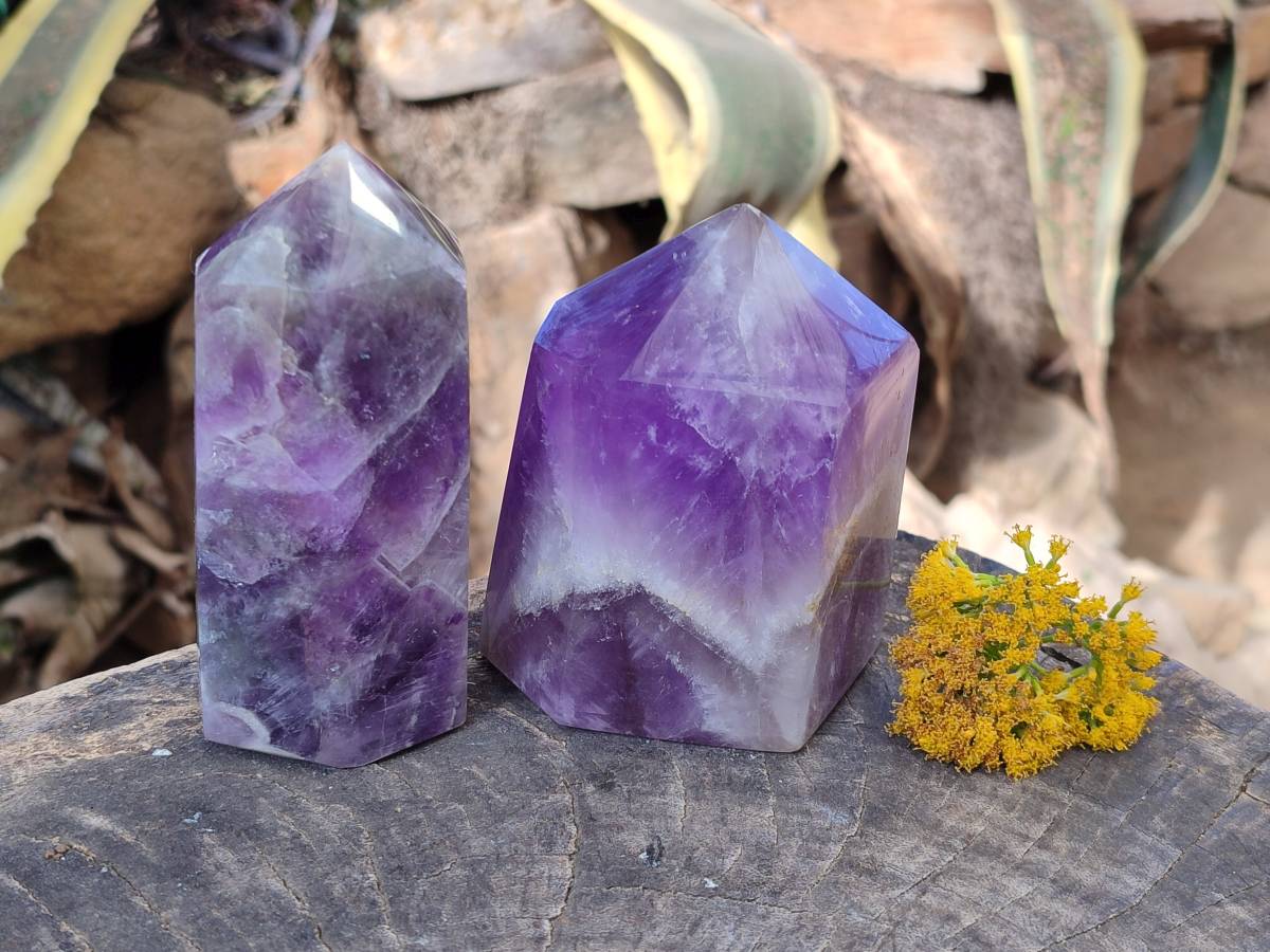 Polished Chevron Amethyst Points x 2 from Ankazobe, Madagascar - Toprock Gemstones and Minerals 