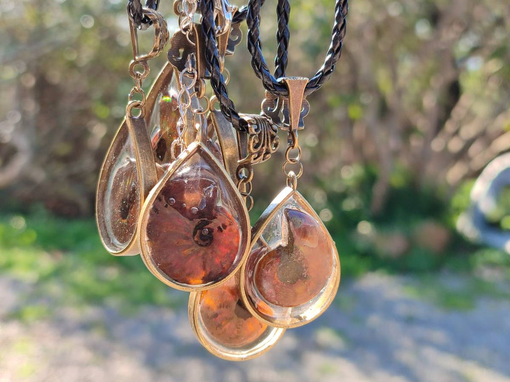 Hand Made Opalized Ammonite Pendants Set in Resin - Sold Per Item - From Southern Africa - Toprock Gemstones and Minerals 