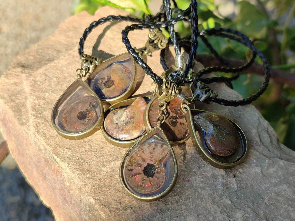 Hand Made Opalized Ammonite Pendants Set in Resin - Sold Per Item - From Southern Africa - Toprock Gemstones and Minerals 