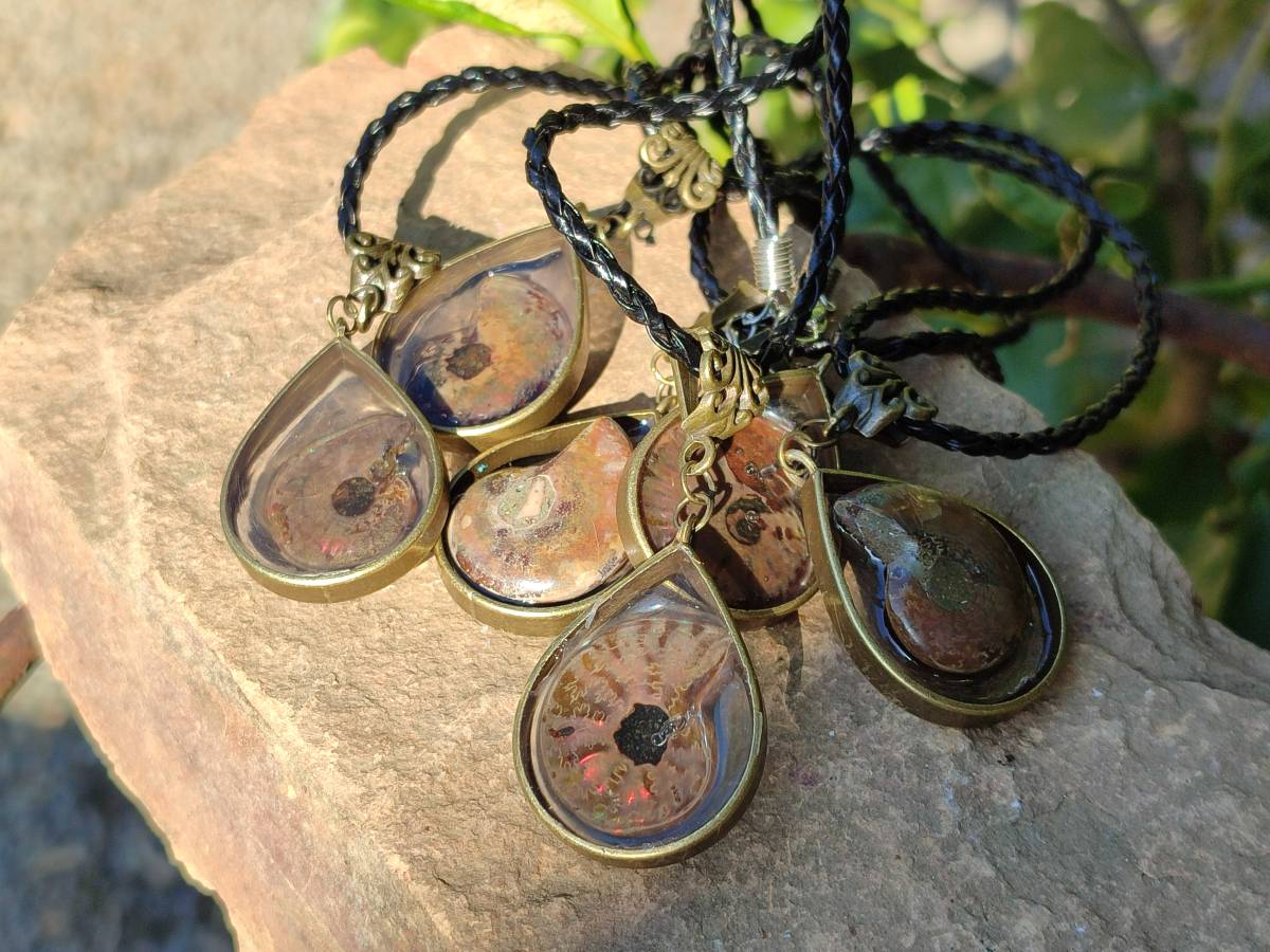 Hand Made Opalized Ammonite Pendants Set in Resin - Sold Per Item - From Southern Africa - Toprock Gemstones and Minerals 