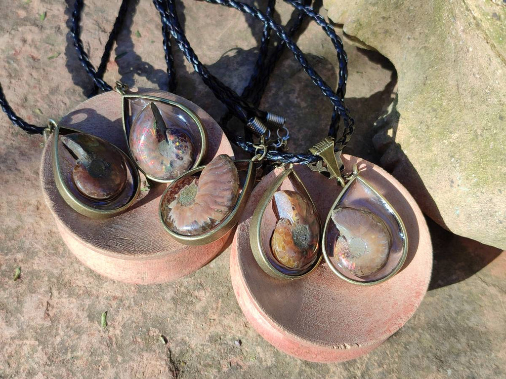 Hand Made Opalized Ammonite Pendants Set in Resin - Sold Per Item - From Southern Africa - Toprock Gemstones and Minerals 