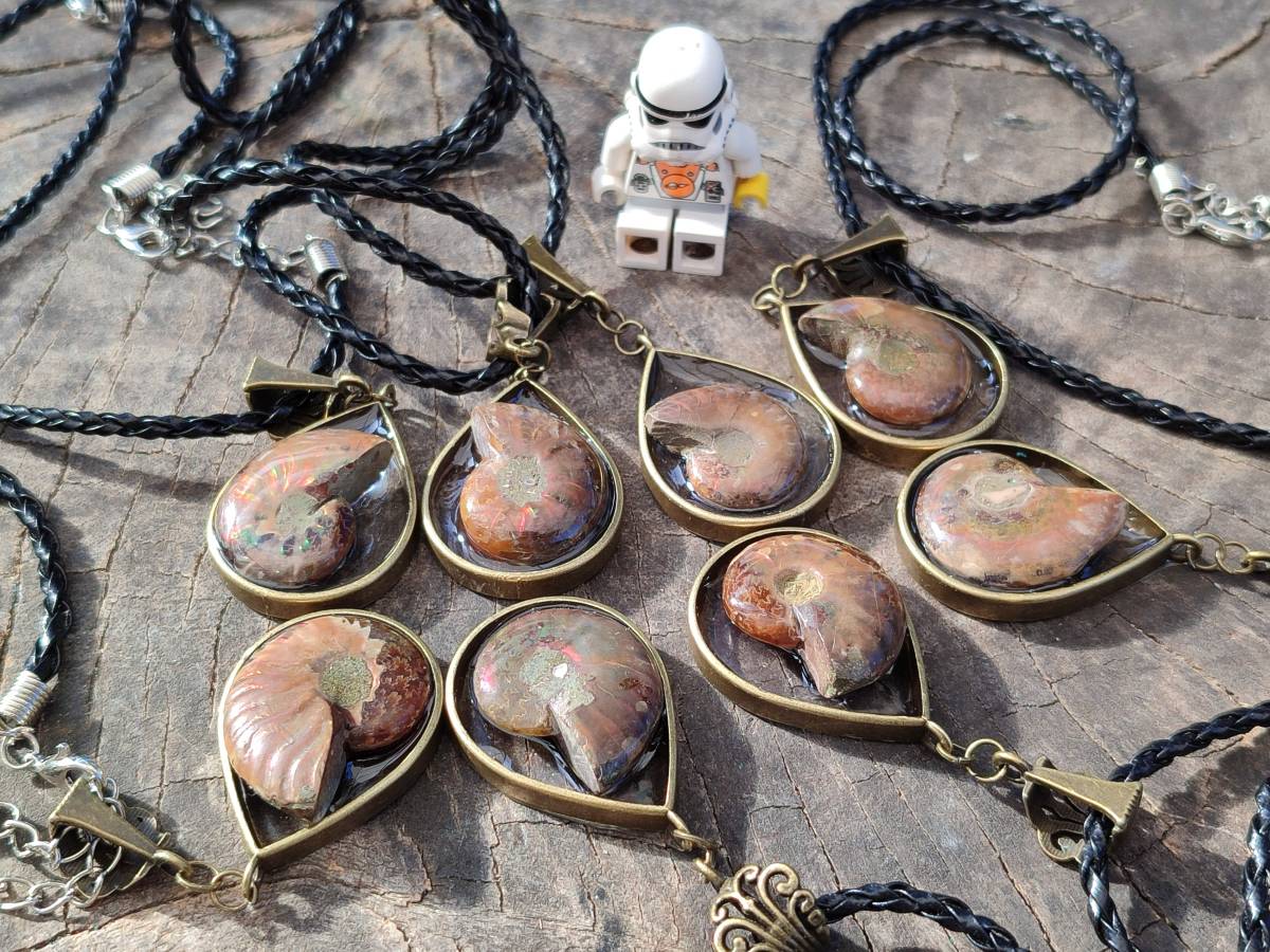 Hand Made Opalized Ammonite Pendants Set in Resin - Sold Per Item - From Southern Africa - Toprock Gemstones and Minerals 