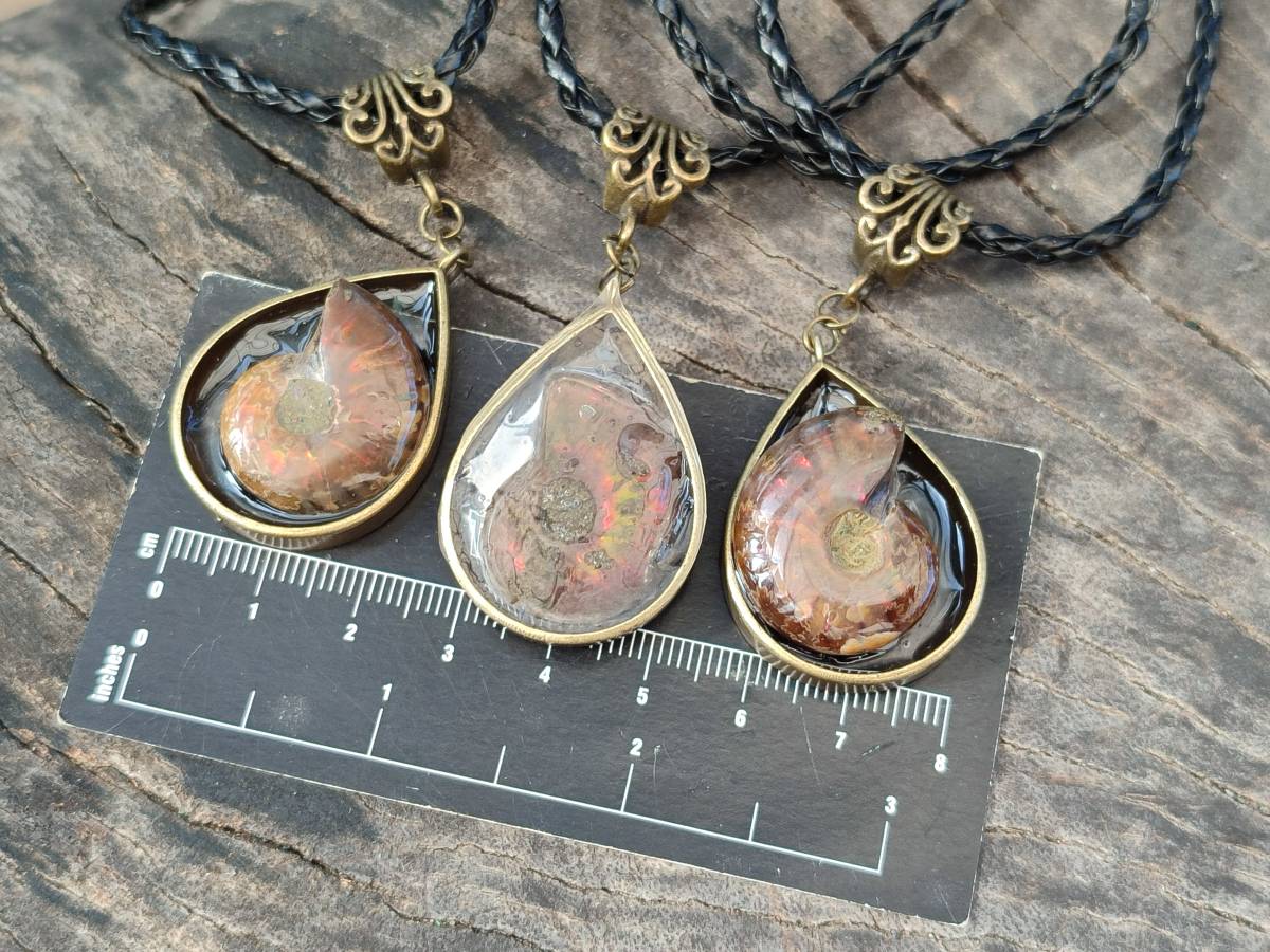 Hand Made Opalized Ammonite Pendants Set in Resin - Sold Per Item - From Southern Africa - Toprock Gemstones and Minerals 