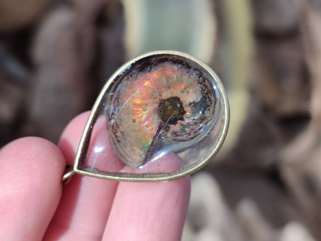 Hand Made Opalized Ammonite Pendants Set in Resin - Sold Per Item - From Southern Africa - Toprock Gemstones and Minerals 