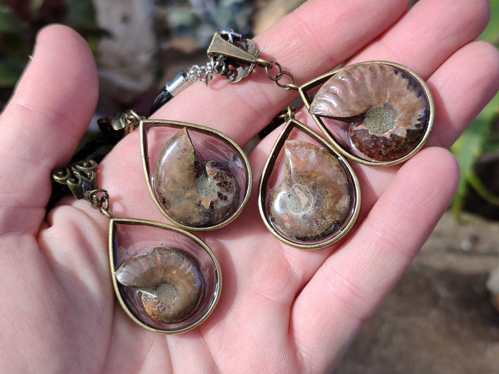 Hand Made Opalized Ammonite Pendants Set in Resin - Sold Per Item - From Southern Africa - Toprock Gemstones and Minerals 
