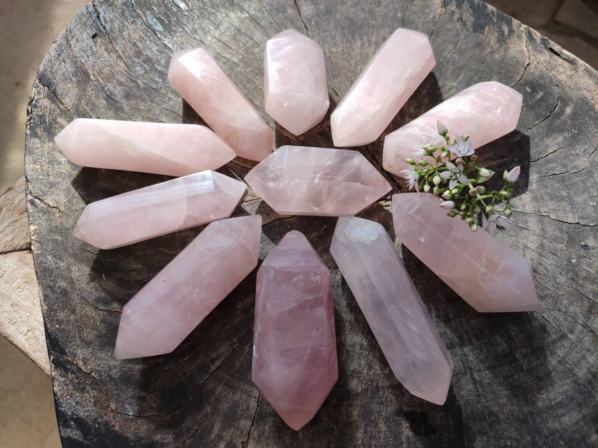 Polished Double Terminated Rose Quartz Points x 12 Madagascar - Toprock Gemstones and Minerals 