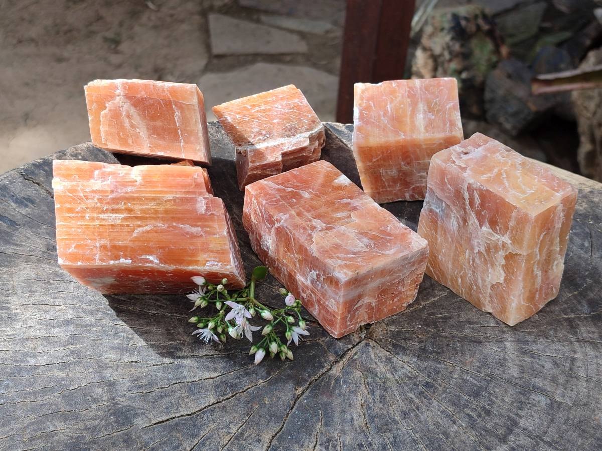 Natural Sunset Orange Calcite Specimens x 6 From Spitzkop, Namibia - Toprock Gemstones and Minerals 