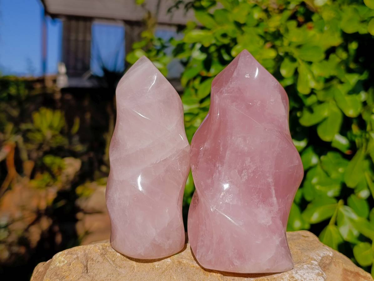 Polished Rose Quartz Flames x 2 Madagascar - Toprock Gemstones and Minerals 