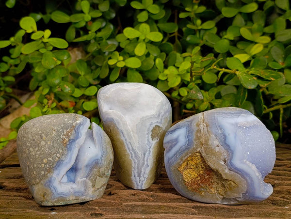 Polished Blue Lace Agate Standing Free Forms x 3 From Malawi