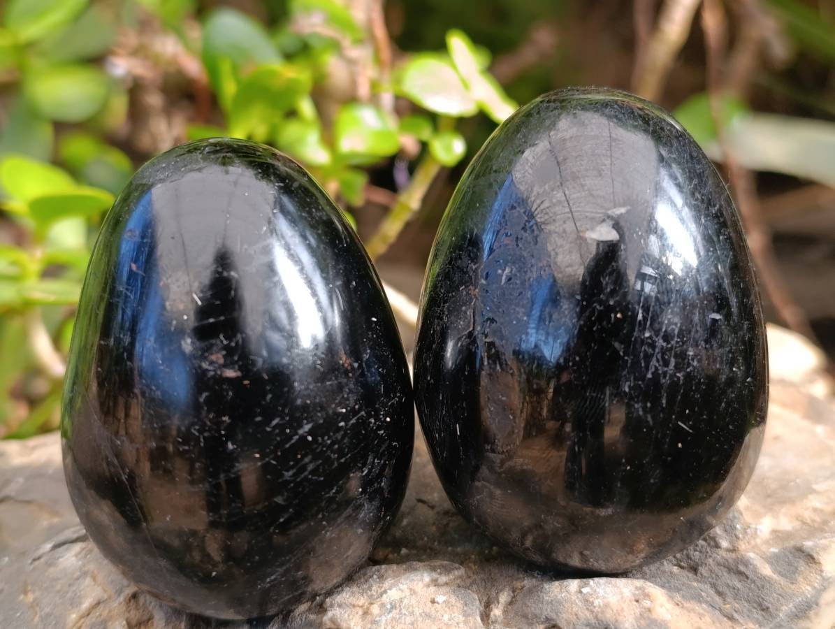 Polished Black Tourmaline Gemstone Eggs x 6 From Madagascar - Toprock Gemstones and Minerals 