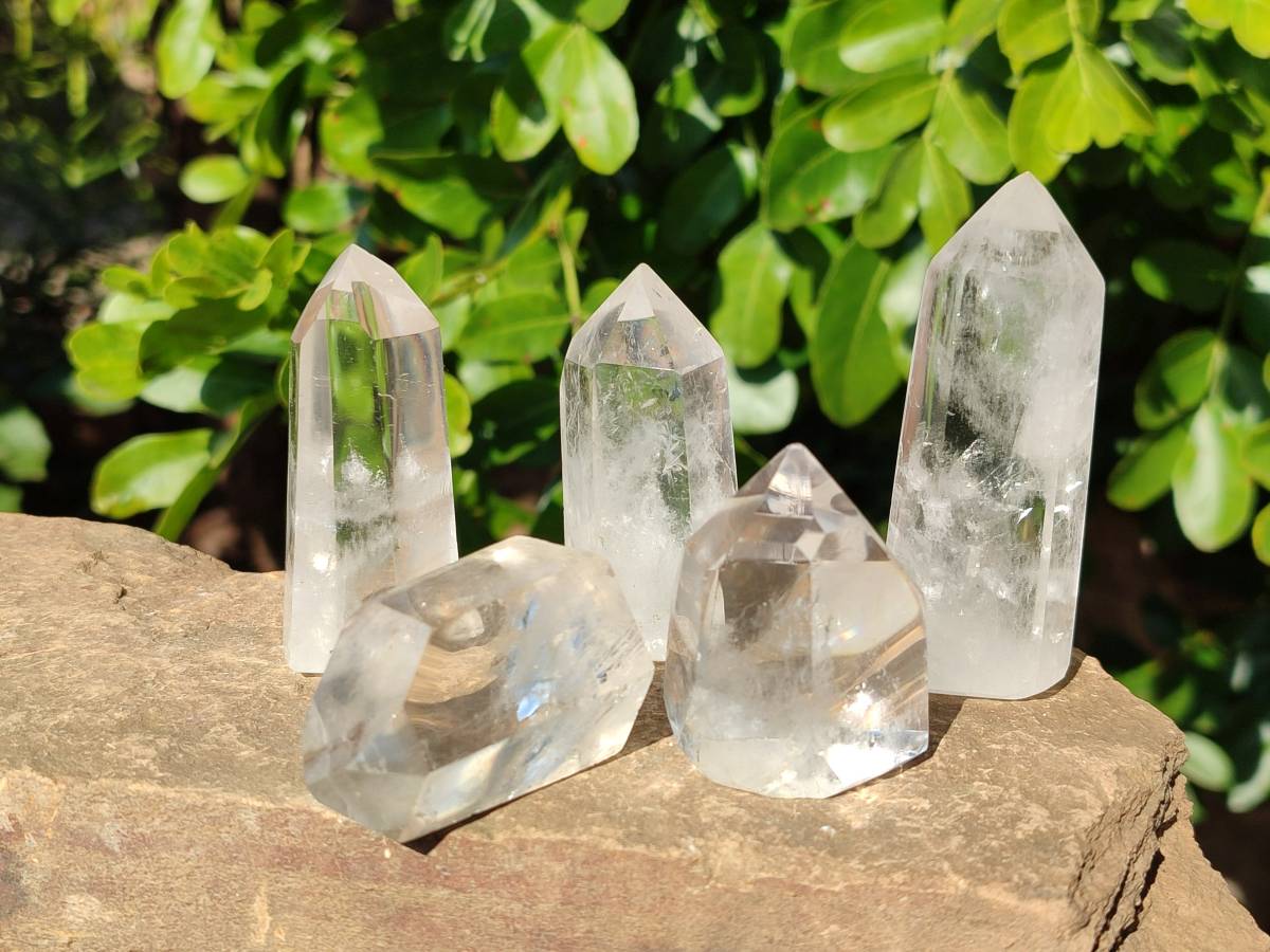 Polished Clear and Smokey Phantom Quartz Crystals with Rainbow Veils x 24 From Madagascar - Toprock Gemstones and Minerals 
