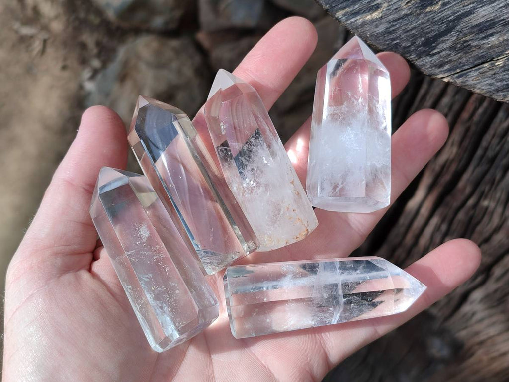 Polished Clear and Smokey Phantom Quartz Crystals with Rainbow Veils x 24 From Madagascar - Toprock Gemstones and Minerals 