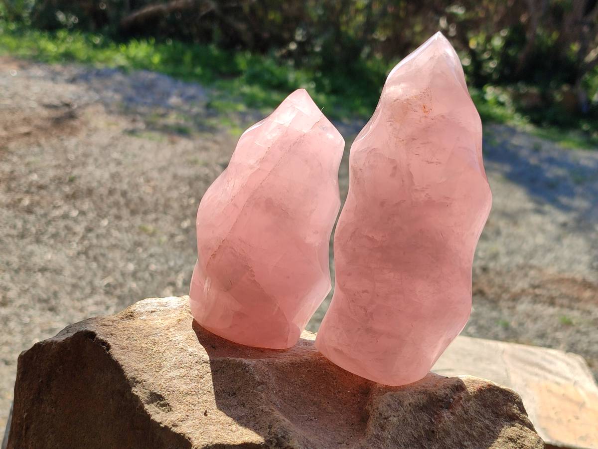 Polished Rose Quartz Flames x 2 Madagascar - Toprock Gemstones and Minerals 