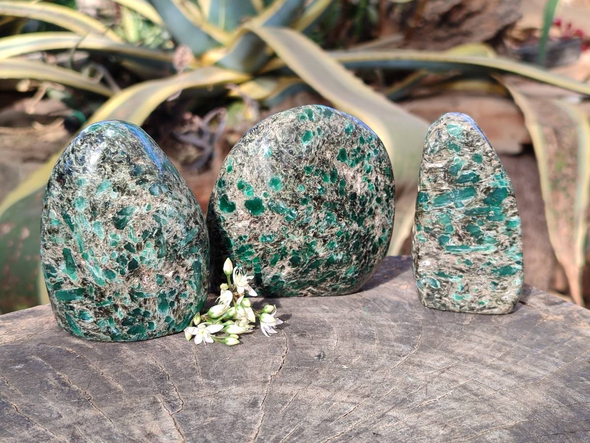 Polished Emerald Mica In Matrix 'Mutokolite' Standing Free Forms x 3 From Mutoko, Zimbabwe - Toprock Gemstones and Minerals 