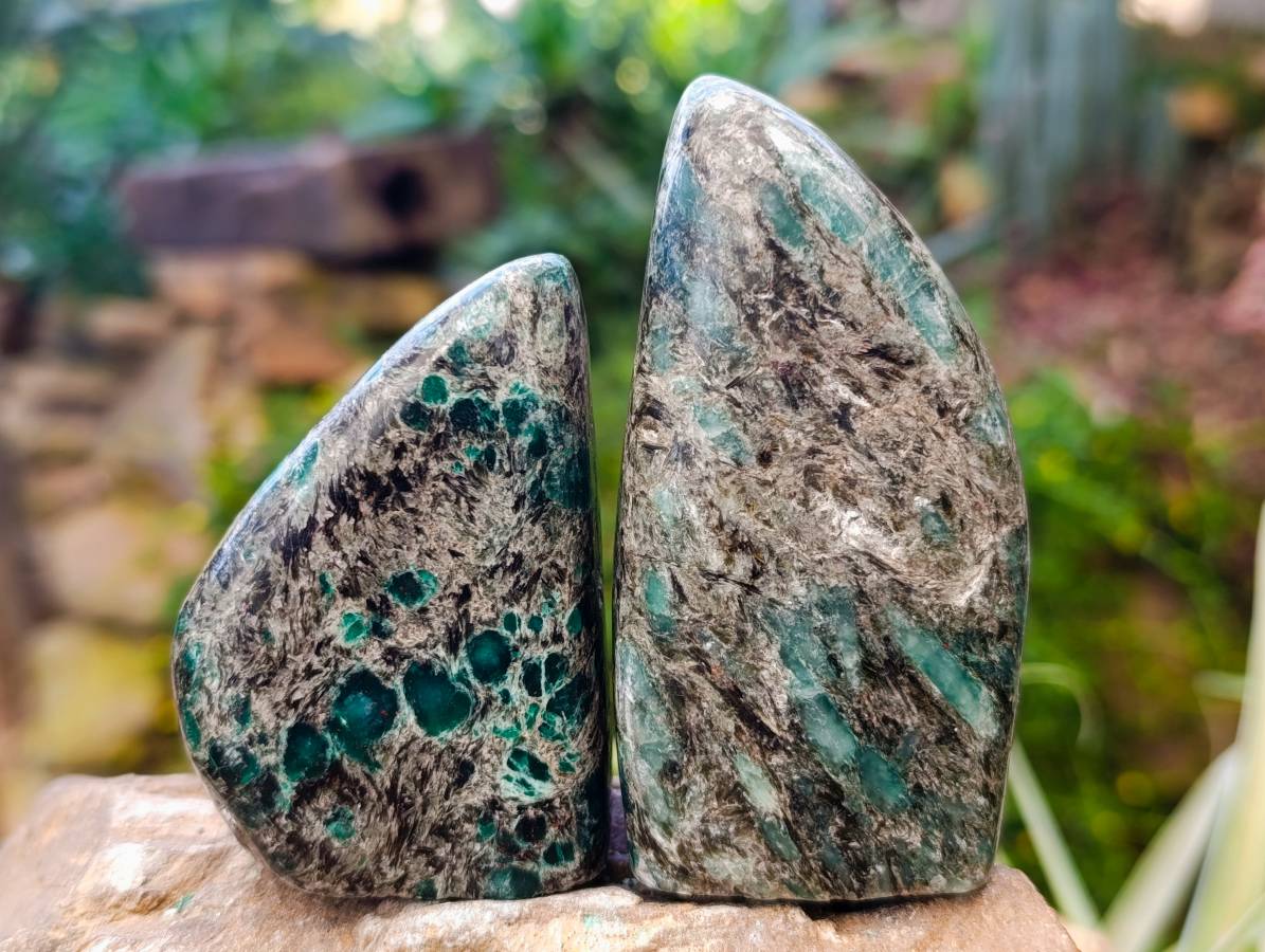 Polished Emerald Mica In Matrix Standing Free Forms x 3 From Mutoko, Zimbabwe - Toprock Gemstones and Minerals 