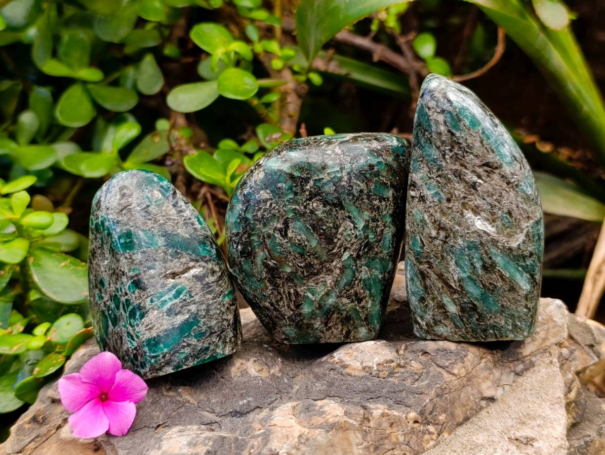 Polished Emerald Mica In Matrix Standing Free Forms x 3 From Mutoko, Zimbabwe - Toprock Gemstones and Minerals 