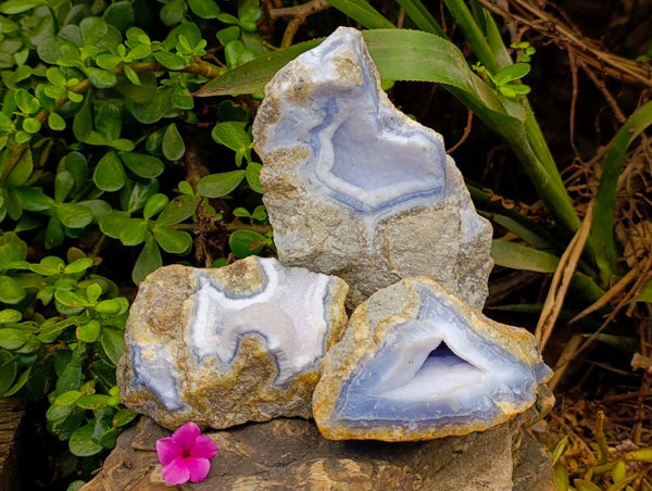 Natural Blue Lace Agate Geode Specimens x 4 From Nsanje, Malawi