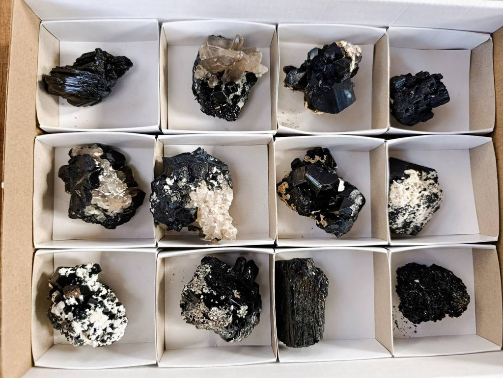 Natural Schorl Black Tourmaline, Smokey Quartz and Hyalite Opal Specimens x 12 From Erongo, Namibia - Toprock Gemstones and Minerals 