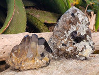 Natural Schorl Black Tourmaline, Smokey Quartz and Hyalite Opal Specimens x 3 From Erongo, Namibia