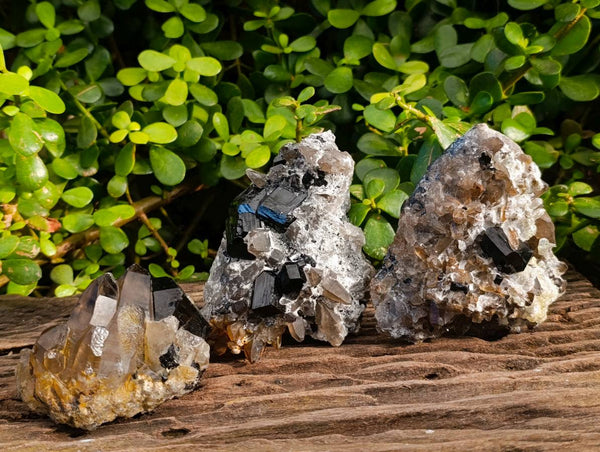 Natural Schorl Black Tourmaline, Smokey Quartz and Hyalite Opal Specimens x 3 From Erongo, Namibia