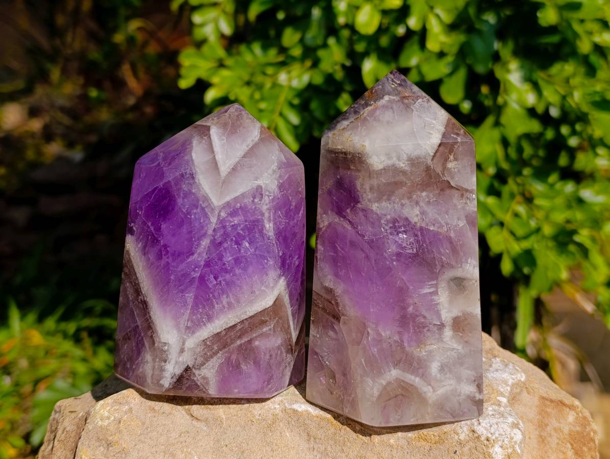 Polished Chevron Amethyst Points x 2 from Ankazobe, Madagascar - Toprock Gemstones and Minerals 