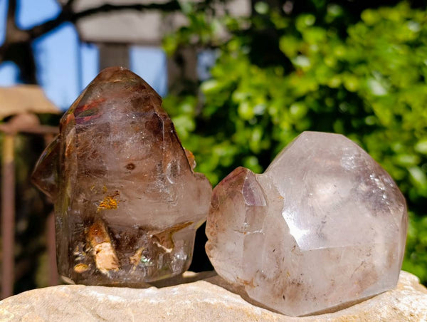 Polished Smokey Window Quartz Crystals x 2 From Akansobe, Madagascar - Toprock Gemstones and Minerals 