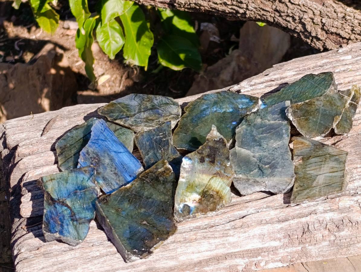 Polished On One Side Labradorite x 12 From Madagascar - Toprock Gemstones and Minerals 
