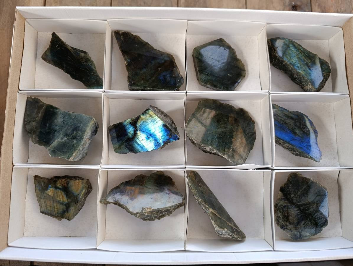 Polished On One Side Labradorite x 12 From Madagascar - Toprock Gemstones and Minerals 