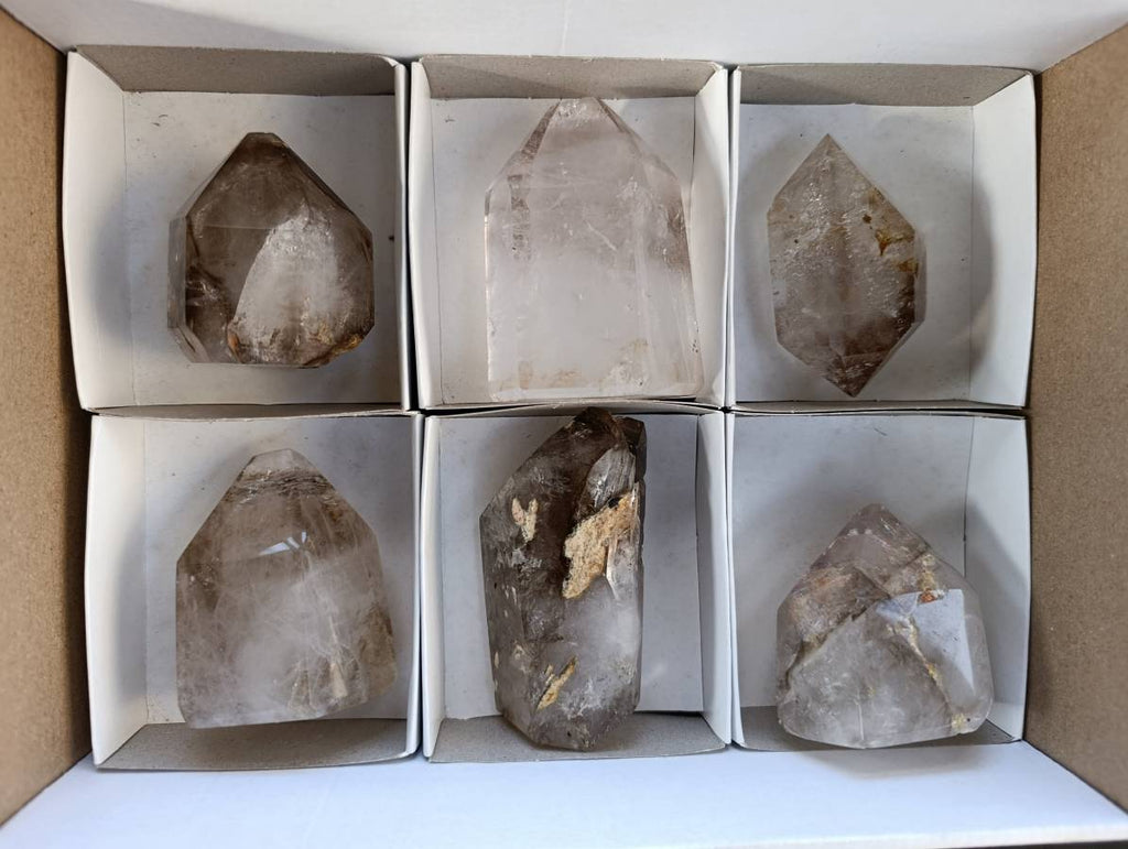 Polished Clear & Smokey Quartz Crystals x 6 From Madagascar - Toprock Gemstones and Minerals 