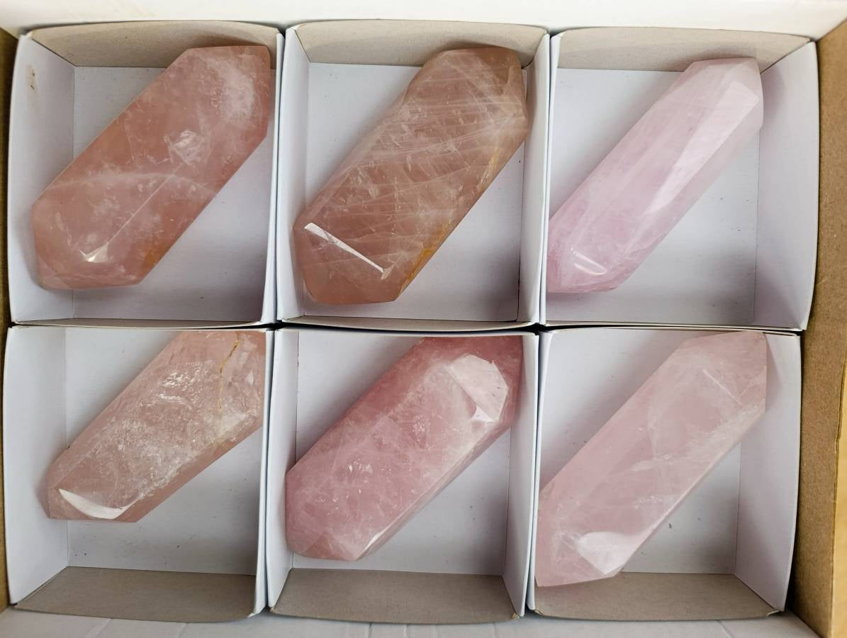Polished Double Terminated Rose Quartz Points x 6 Madagascar - Toprock Gemstones and Minerals 