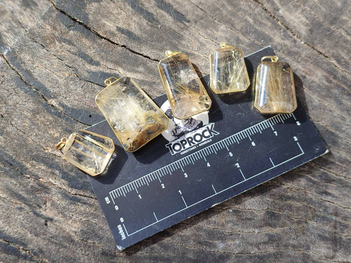 Hand Made Golden Rutile Quartz 9ct Gold Pendants x 5 From Madagascar - Toprock Gemstones and Minerals 