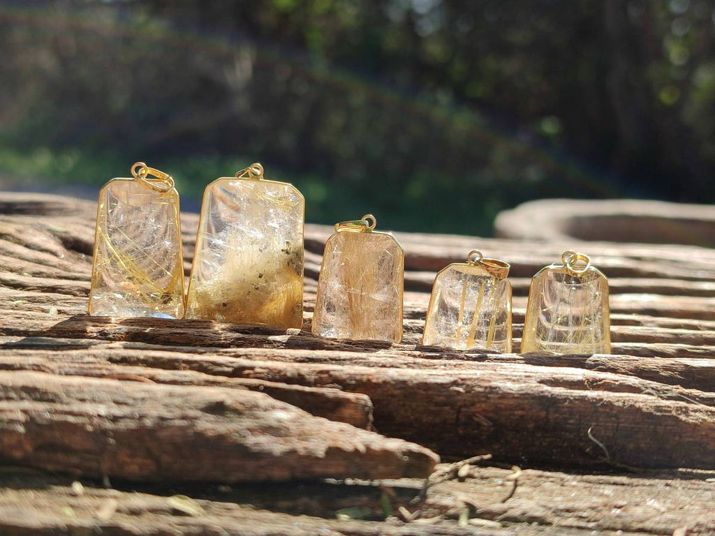 Hand Made Golden Rutile Quartz 9ct Gold Pendants x 5 From Madagascar - Toprock Gemstones and Minerals 