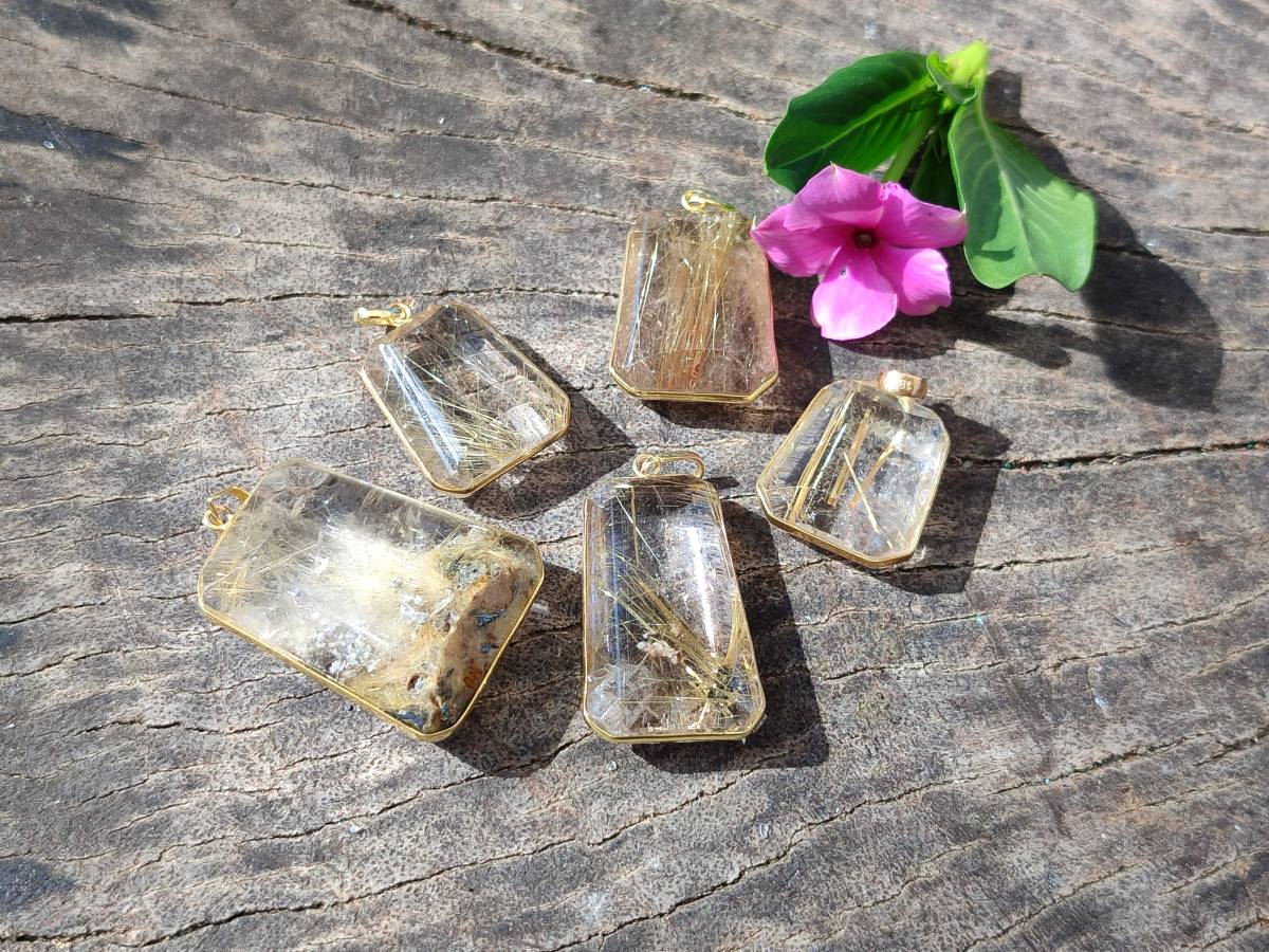 Hand Made Golden Rutile Quartz 9ct Gold Pendants x 5 From Madagascar - Toprock Gemstones and Minerals 
