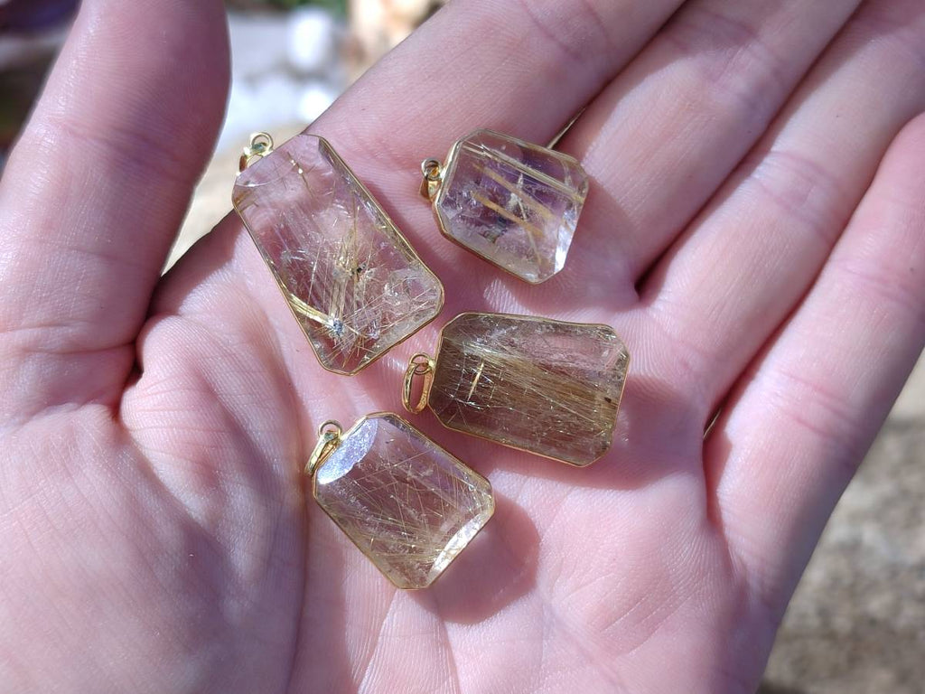 Hand Made Golden Rutile Quartz 9ct Gold Pendants x 5 From Madagascar - Toprock Gemstones and Minerals 
