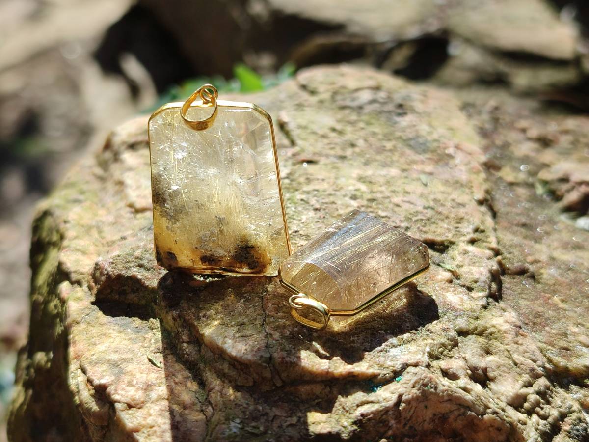 Hand Made Golden Rutile Quartz 9ct Gold Pendants x 5 From Madagascar - Toprock Gemstones and Minerals 