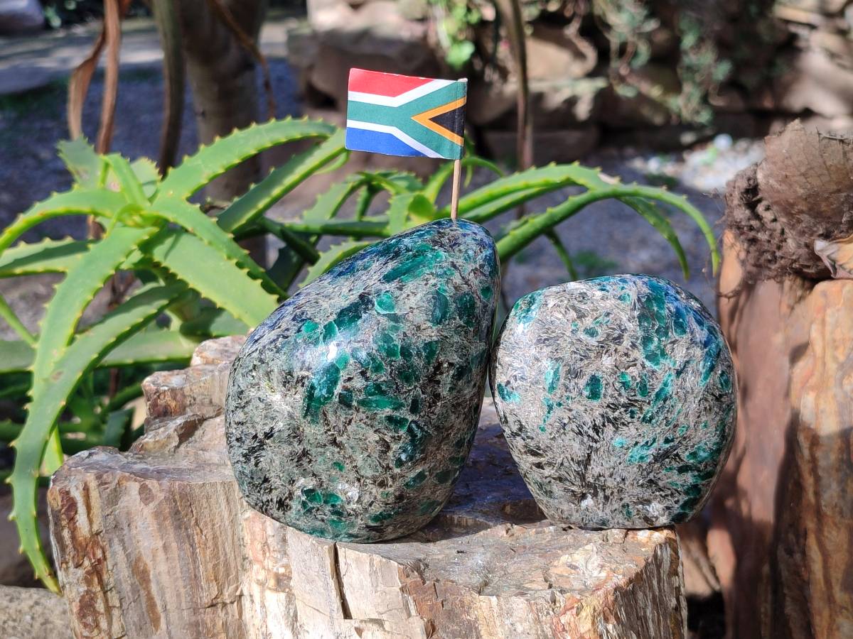Polished Emerald Mica In Matrix Standing Free Forms x 2 From Mutoko, Zimbabwe - Toprock Gemstones and Minerals 
