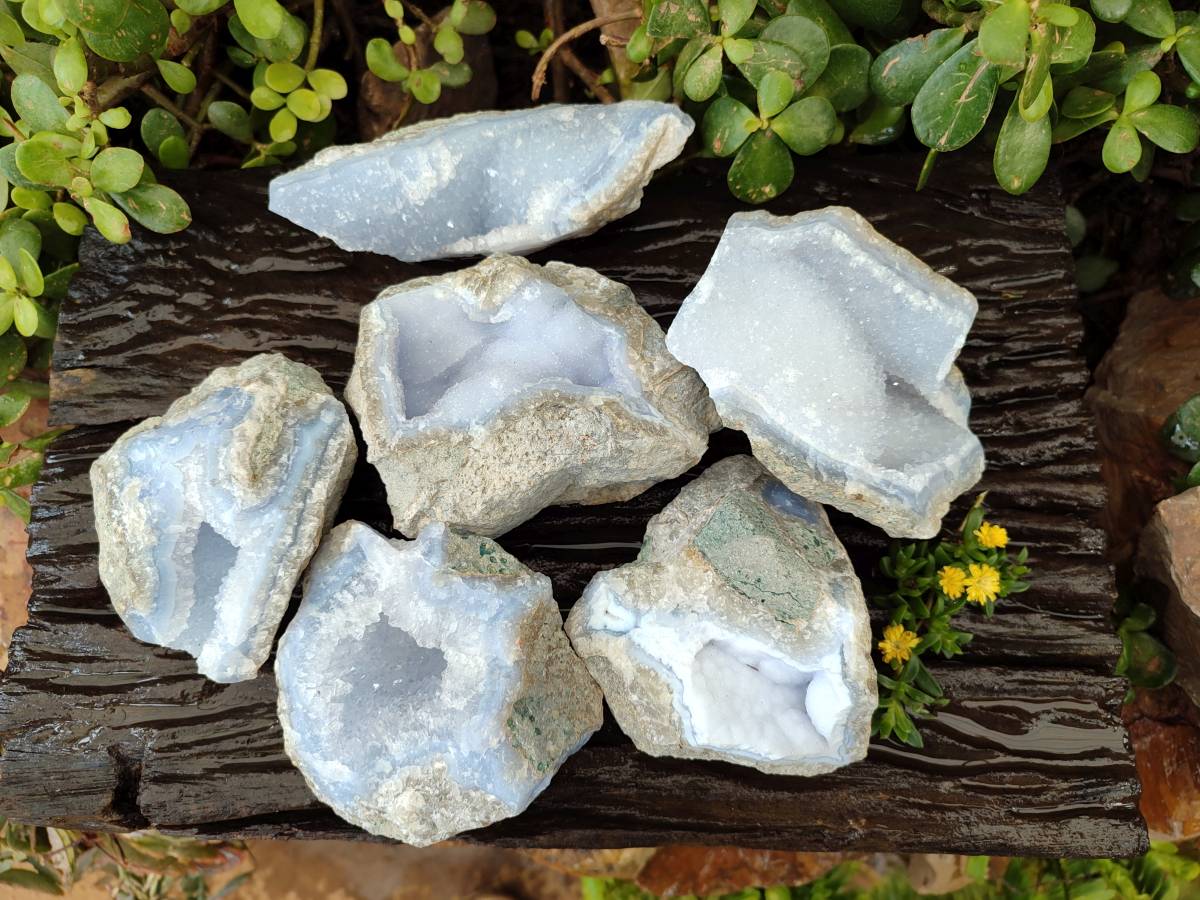 Natural Blue Lace Agate Geode Specimens x 6 From Malawi - Toprock Gemstones and Minerals 