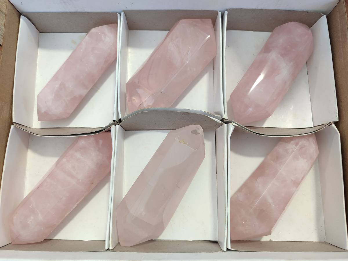 Polished Double Terminated Rose Quartz Points x 6 Madagascar - Toprock Gemstones and Minerals 