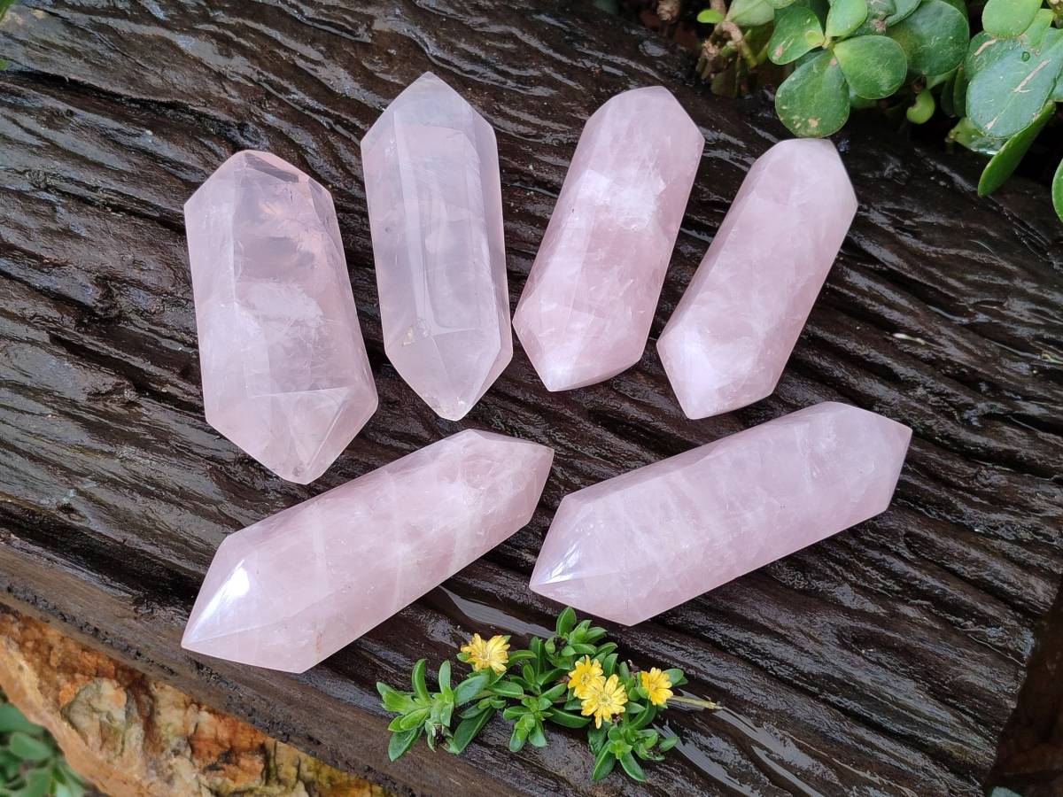 Polished Double Terminated Rose Quartz Points x 6 Madagascar - Toprock Gemstones and Minerals 