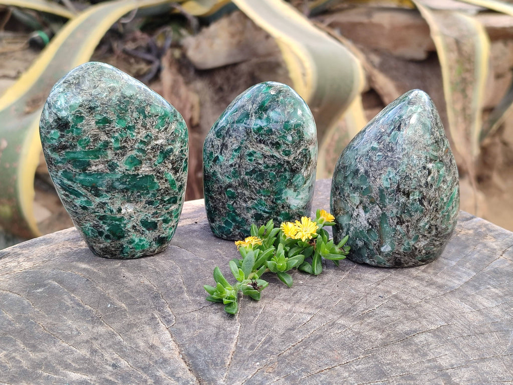Polished Emerald Mica In Matrix 'Mutokolite' Standing Free Forms x 3 From Mutoko, Zimbabwe - Toprock Gemstones and Minerals 