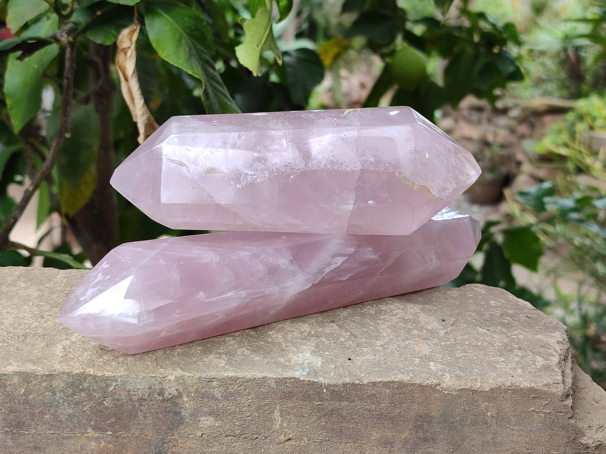 Polished Double Terminated Rose Quartz Points x 2 Madagascar - Toprock Gemstones and Minerals 