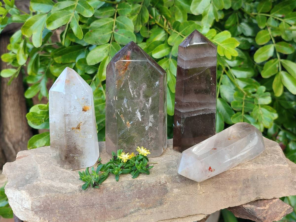 Polished Smokey Window Quartz Crystals x 4 From Madagascar - Toprock Gemstones and Minerals 